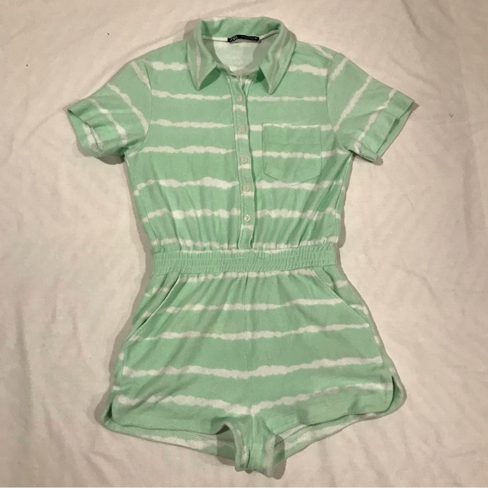 Zara Terry Cloth Towelling Romper Collared Button Front Beach Coverup Mint